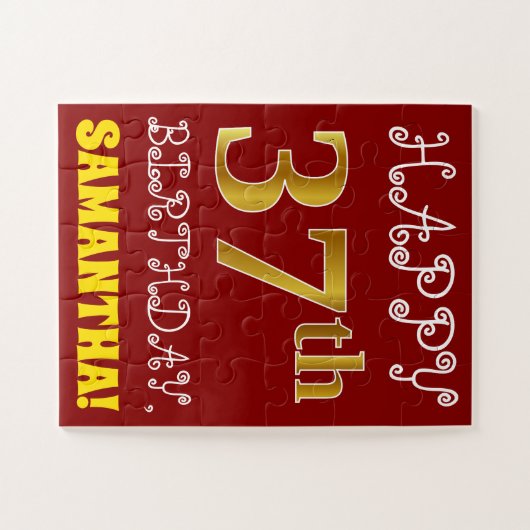 Red, Faux Gold 37th Birthday + Eigen naam Puzzle Legpuzzel (Horizontaal)
