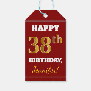 Red, Faux Gold 38th Birthday + aangepaste naam Cadeaulabel