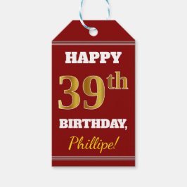 Red, Faux Gold 39th Birthday + aangepaste naam Cadeaulabel