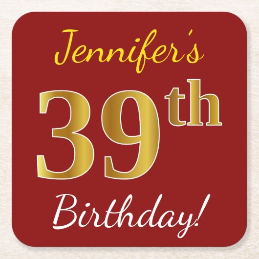 Red, Faux Gold 39th Birthday + aangepaste naam Kartonnen Onderzetters (Voorkant)