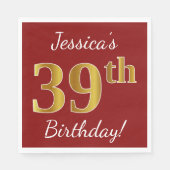 Red, Faux Gold 39th Birthday + aangepaste naam Servet (Voorkant)