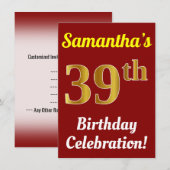 Red, Faux Gold 39th Birthday Celebration + naam Kaart (Voorkant / Achterkant)