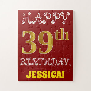Red, Faux Gold 39th Birthday + Eigen naam Puzzle Legpuzzel