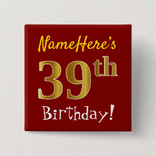 Red, Faux Gold 39th Birthday, met aangepaste naam Vierkante Button 5,1 Cm