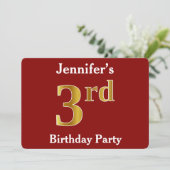 Red, Faux Gold 3rd Birthday Party + aangepaste naa Kaart (Staand voorkant)