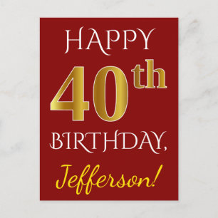 Red, Faux Gold 40th Birthday + aangepaste naam Briefkaart