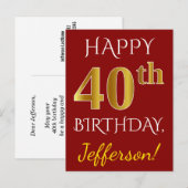 Red, Faux Gold 40th Birthday + aangepaste naam Briefkaart (Voorkant / Achterkant)