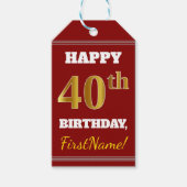 Red, Faux Gold 40th Birthday + aangepaste naam Cadeaulabel (Voorkant)