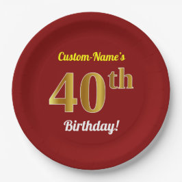 Red, Faux Gold 40th Birthday + aangepaste naam Papieren Bordje