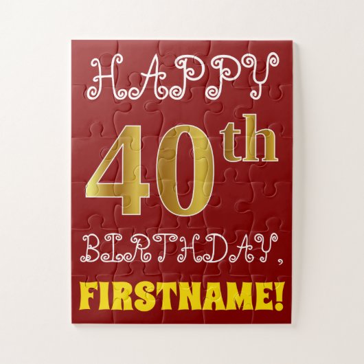 Red, Faux Gold 40th Birthday + aangepaste naam Puz Legpuzzel (Verticaal)