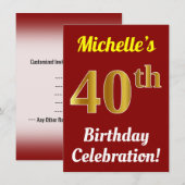Red, Faux Gold 40th Birthday Celebration + naam Kaart (Voorkant / Achterkant)