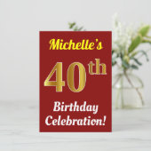 Red, Faux Gold 40th Birthday Celebration + naam Kaart (Staand voorkant)