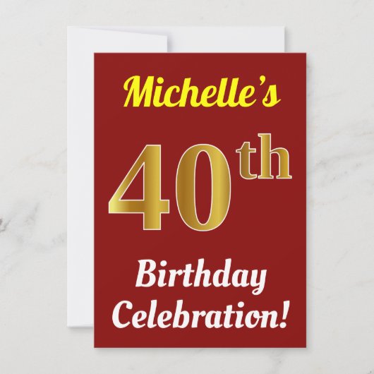 Red, Faux Gold 40th Birthday Celebration + naam Kaart (Voorkant)