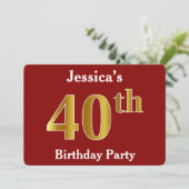 Red, Faux Gold 40th Birthday Party + aangepaste na Kaart (Staand voorkant)