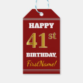 Red, Faux Gold 41st Birthday + aangepaste naam Cadeaulabel (Voorkant)