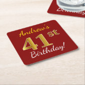 Red, Faux Gold 41st Birthday + aangepaste naam Kartonnen Onderzetters (Schuin)