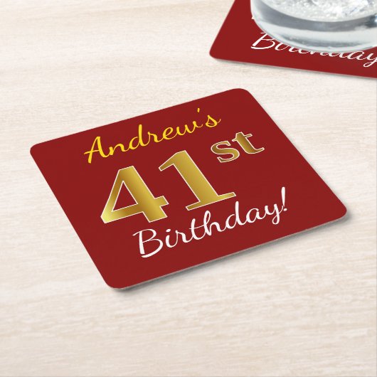 Red, Faux Gold 41st Birthday + aangepaste naam Kartonnen Onderzetters (Schuin)