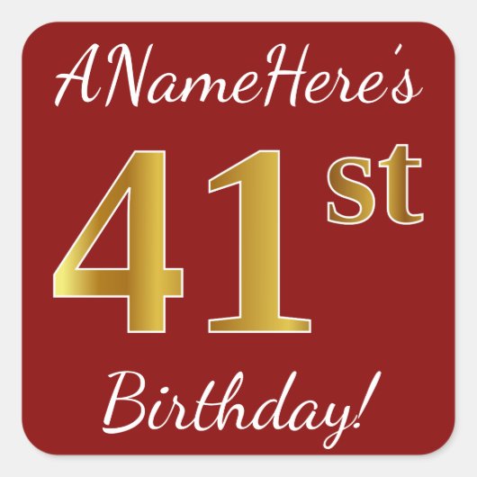 Red, Faux Gold 41st Birthday + Sticker voor aangep (Voorkant)