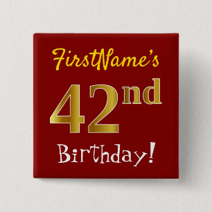 Red, Faux Gold 42e verjaardag, met aangepaste naam Vierkante Button 5,1 Cm