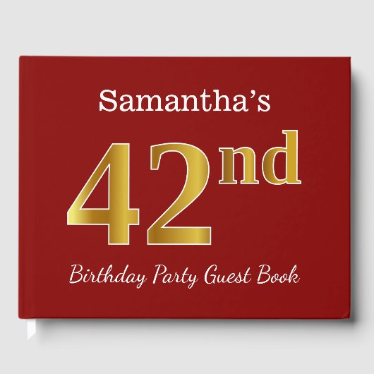 Red, Faux Gold 42e verjaardag Partij + Eigen naam Gastenboek (Voorkant)
