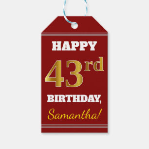 Red, Faux Gold 43rd Birthday + aangepaste naam Cadeaulabel