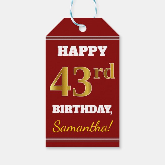 Red, Faux Gold 43rd Birthday + aangepaste naam Cadeaulabel (Voorkant)