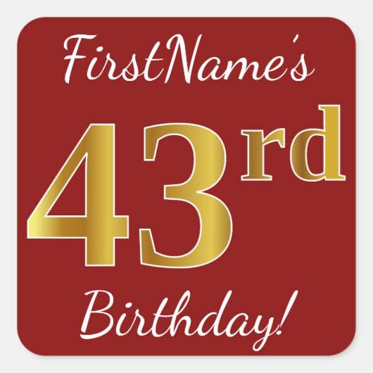 Red, Faux Gold 43rd Birthday + Sticker voor aangep (Voorkant)