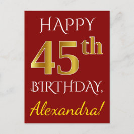 Red, Faux Gold 45th Birthday + aangepaste naam Briefkaart