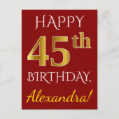 Red, Faux Gold 45th Birthday + aangepaste naam Briefkaart (Voorkant)