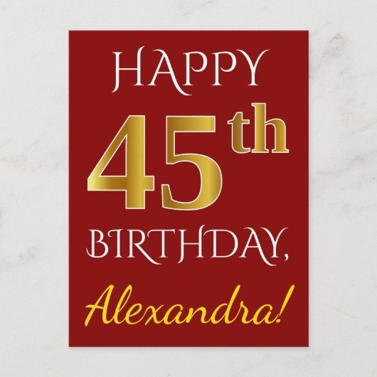 Red, Faux Gold 45th Birthday + aangepaste naam Briefkaart (Voorkant)