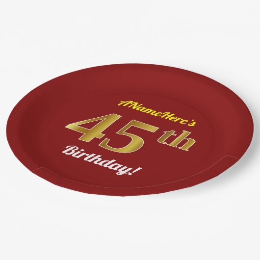 Red, Faux Gold 45th Birthday + aangepaste naam Papieren Bordje (Gekanteld)