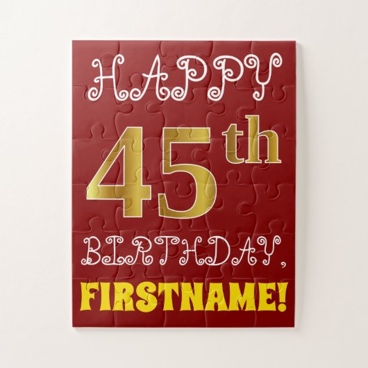 Red, Faux Gold 45th Birthday + Eigen naam Puzzle Legpuzzel (Verticaal)