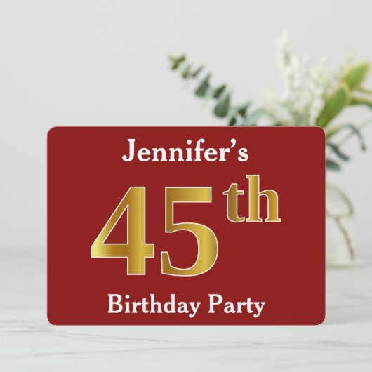 Red, Faux Gold 45th Birthday Party + aangepaste na Kaart (Staand voorkant)