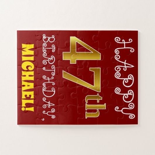 Red, Faux Gold 47th Birthday + Eigen naam Puzzle Legpuzzel (Horizontaal)
