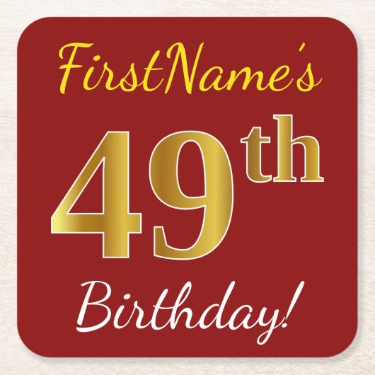 Red, Faux Gold 49th Birthday + aangepaste naam Kartonnen Onderzetters (Voorkant)