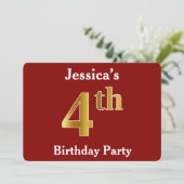 Red, Faux Gold 4th Birthday Party + aangepaste naa Kaart (Staand voorkant)
