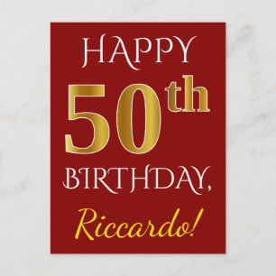 Red, Faux Gold 50th Birthday + aangepaste naam Briefkaart