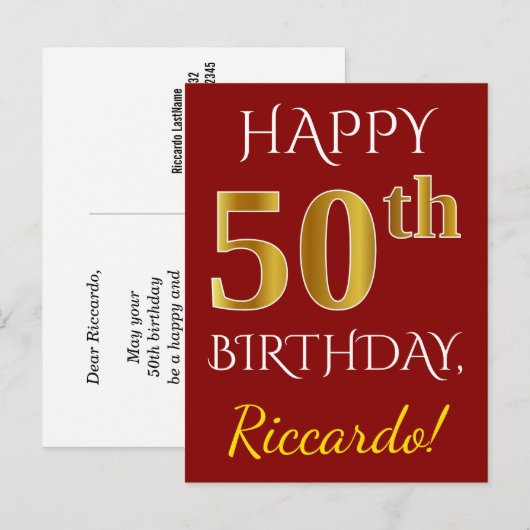 Red, Faux Gold 50th Birthday + aangepaste naam Briefkaart (Voorkant / Achterkant)