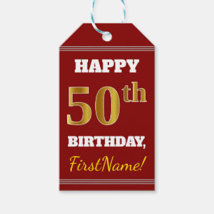 Red, Faux Gold 50th Birthday + aangepaste naam Cadeaulabel