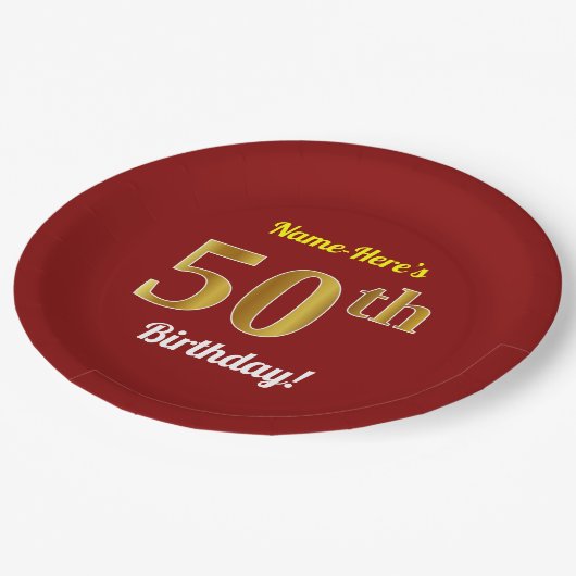 Red, Faux Gold 50th Birthday + aangepaste naam Papieren Bordje (Gekanteld)