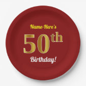 Red, Faux Gold 50th Birthday + aangepaste naam Papieren Bordje (Voorkant)