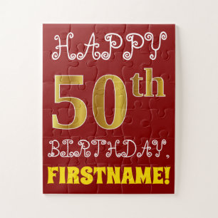 Red, Faux Gold 50th Birthday + aangepaste naam Puz Legpuzzel