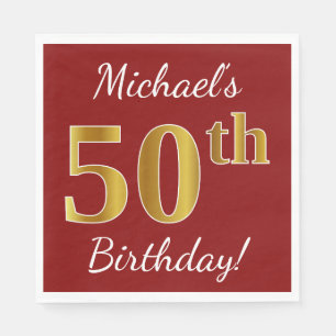 Red, Faux Gold 50th Birthday + aangepaste naam Servet