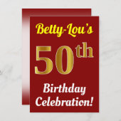 Red, Faux Gold 50th Birthday Celebration + naam Kaart (Voorkant / Achterkant)
