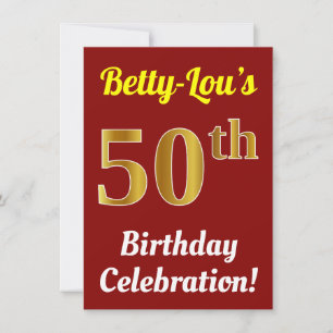 Red, Faux Gold 50th Birthday Celebration + naam Kaart