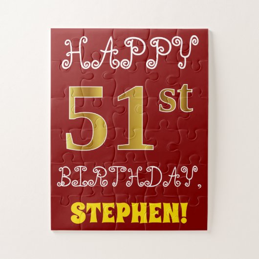 Red, Faux Gold 51st Birthday + aangepaste naam Puz Legpuzzel (Verticaal)