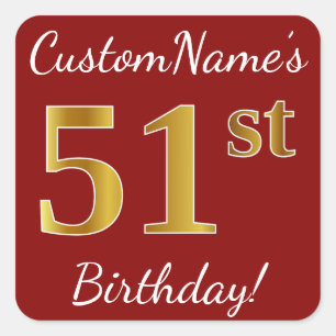 Red, Faux Gold 51st Birthday + Sticker voor aangep