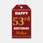 Red, Faux Gold 53rd Birthday + aangepaste naam Cadeaulabel (Voorkant)