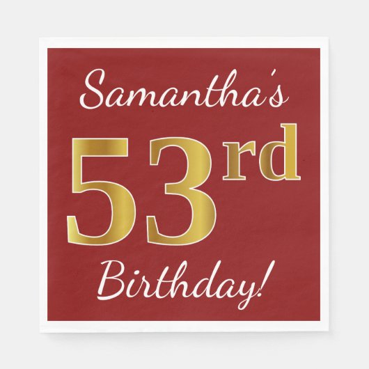Red, Faux Gold 53rd Birthday + aangepaste naam Servet (Voorkant)