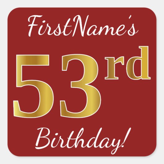 Red, Faux Gold 53rd Birthday + Sticker voor aangep (Voorkant)